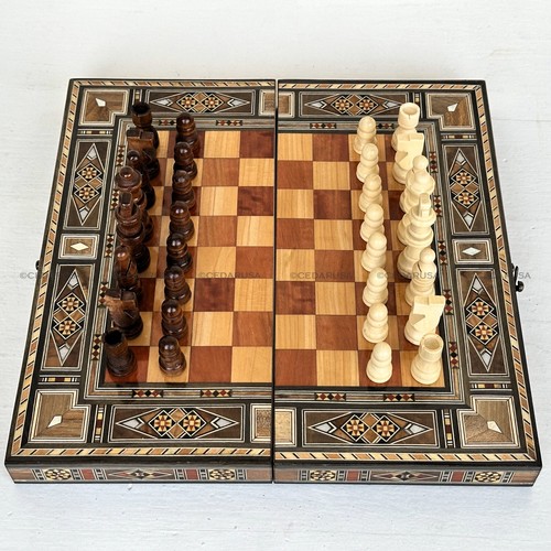 Backgammon Board & Chess Set From Lebanon - Handmade Wood Mosaic & Pearl 12” - Picture 1 of 10