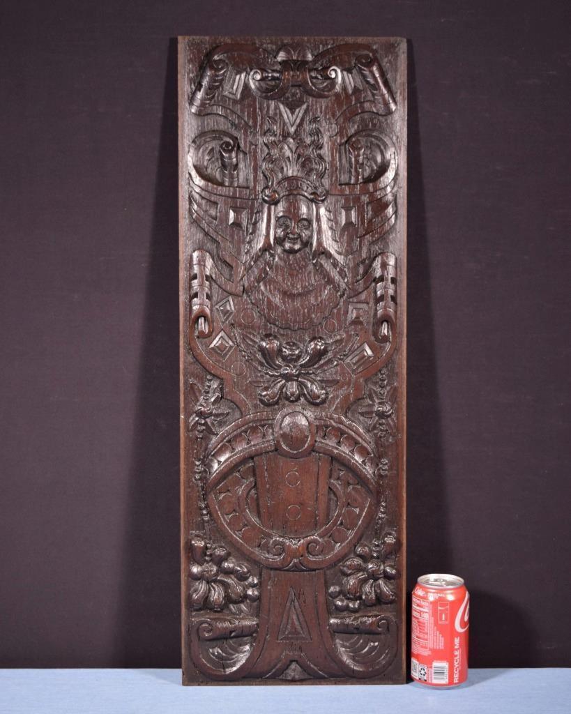 French Antique Deeply Carved Solid Oak Wood Panel with Figure in the Center