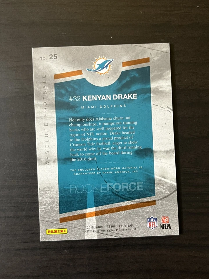 Kenyan Drake 2016 Absolute Rookie Force Relic Prime 5/5 Bookend #25 RC Jersey SP - Image 2 of 2