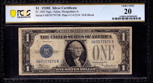 1928 E $1 SILVER CERTIFICATE NOTE CURRENCY FR.1605 SCARCE H-B BLOCK PCGS B VF 20