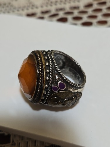 Vtg Hobo Lucky Brand Gold Silver Tone Buddha Ring Sz7 Amber Stone Starburst - Picture 18 of 18