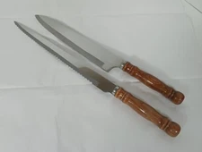 Vtg Set of 2 Wood Turned Handle Stainless Steel Knives Chef & Bread Taiwan EUC
