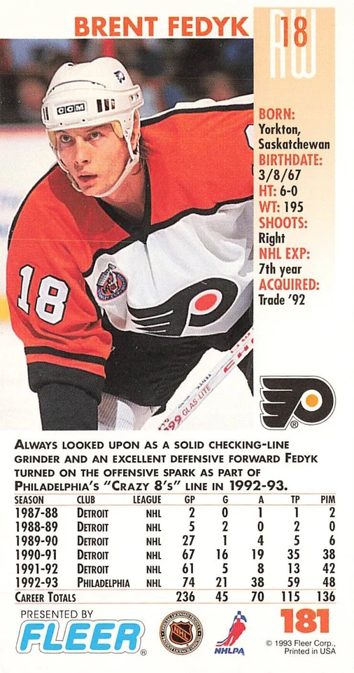 1993 Fleer PowerPlay  #181 Brent Fedyk Philadelphia Flyers - Image 2 of 2