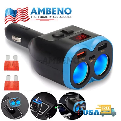 CAHUCZLHOZ 2 Way Car Cigarette Lighter Socket Splitter Dual USB QC3.0 Charger Power Adapter