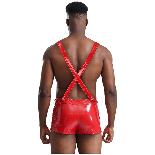 Mens Suspender Overalls Patent Leather Lingerie Bodysuit Shorts Jumpsuit Romper - Picture 7 of 41