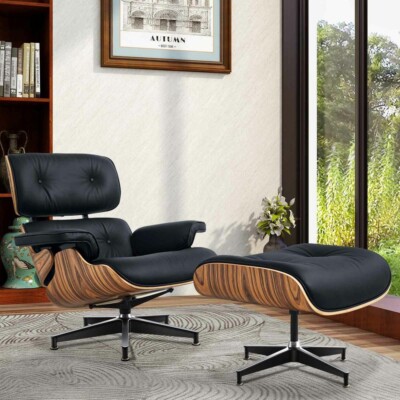Palisander Black Eams Lounge Chair and Ottoman Set Top Grain Leather Armchair