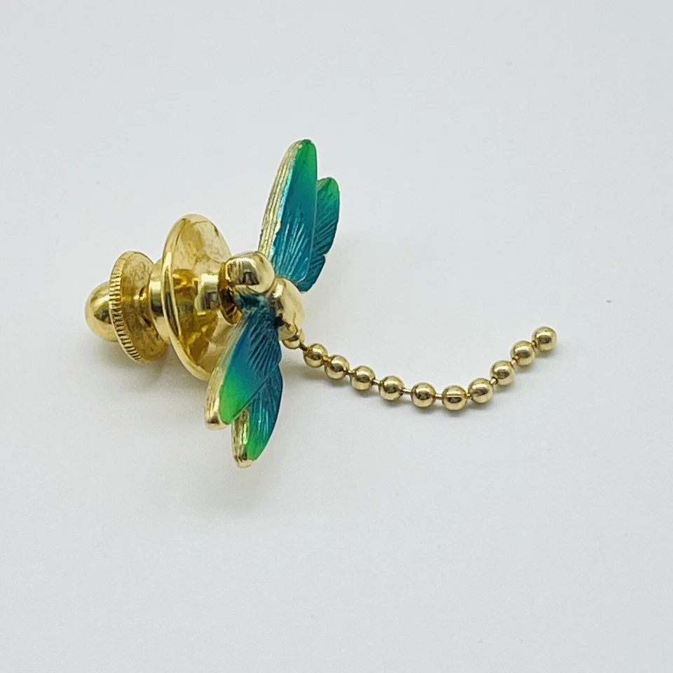 AVON Green Dragonfly Tie Tack Lapel Pin Gold Tone Ball Chain Body Insect - Image 4 of 4