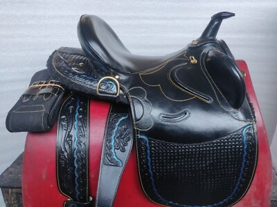 #ad Australian Stock Leather Saddle Black with Horn Wide Tree Fully Hand Tool Size $429.00
