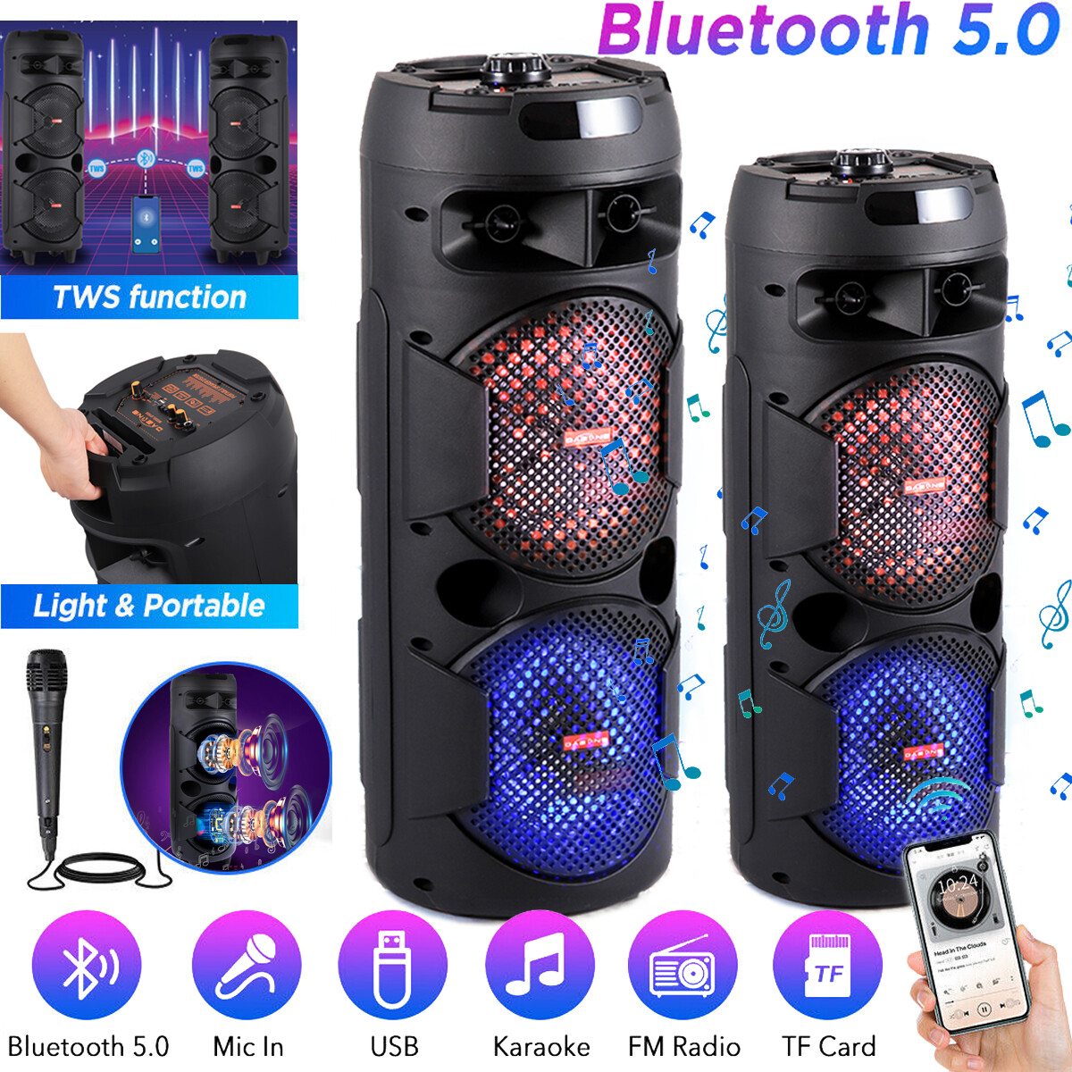 6000W Portable Bluetooth Party Speaker With Subwoofer & Mic - Heavy Bass Sound System