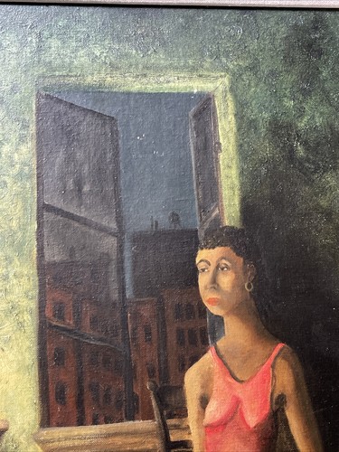 ANTIQUE PAINTING URBAN AMERICAN PORTRAIT WOMAN RGIONALISM WPA ERA CITY MYSTERY - Picture 16 of 24
