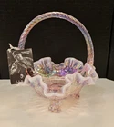 Fenton Pink Opalescent Iridescent Footed Basket / 100 Years Tag Sticker / 5738