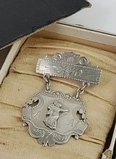 Antique Dated 1913 Silver Tone Fancy Dancing First Prize Medal Pin Original Box