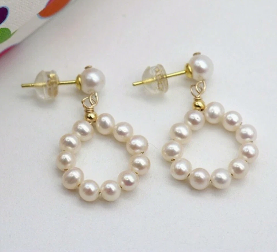 华丽 AAA+ 真天然 Akoya 白色圆形珍珠耳环 14k 金色 F — 第 3/3 张图片