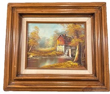 Vintage Original Robert Moore Oil Painting of Old Mill in Autumn - Framed