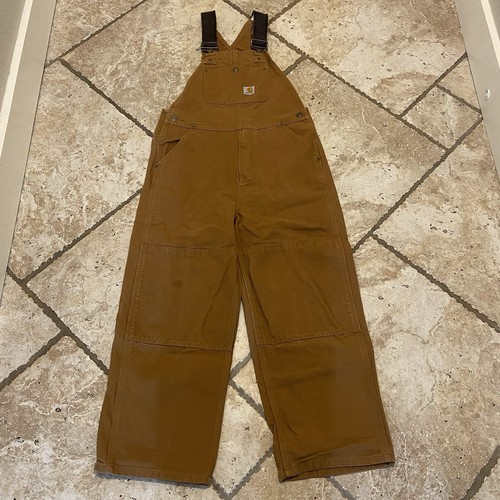Carhartt Duck Bib Overalls Brown Canvas Double Knee Youth Boys Size 12