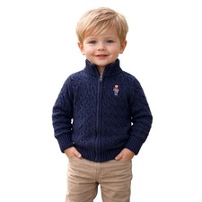 Polo Ralph Lauren Boys Navy Black Cable Knit Full Zip Polo Bear Cardigan Size 5