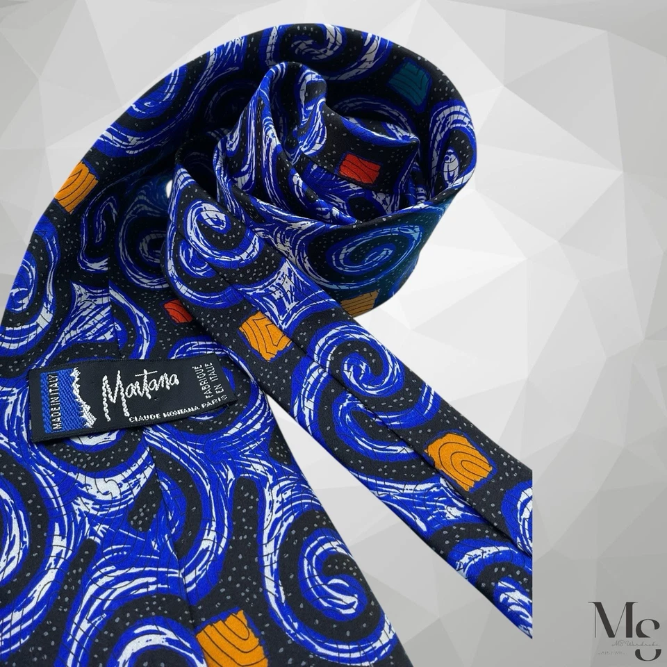 Corbata de seda de lujo con estampado artístico azul CLAUDE MONTANA hecha en Italia 57”-3,7” EXCELENTE ESTADO Foto 4 de 4