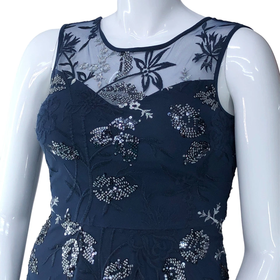 Vestido de Noche Frank Lyman Talla 8 Azul Medianoche Gasa Transparente Superposición Estrás Foto 3 de 4