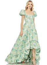 MAC DUGGAL Sz 10 Green Floral Brocade 68276 Puff Sleeve High Low Gown Dress New