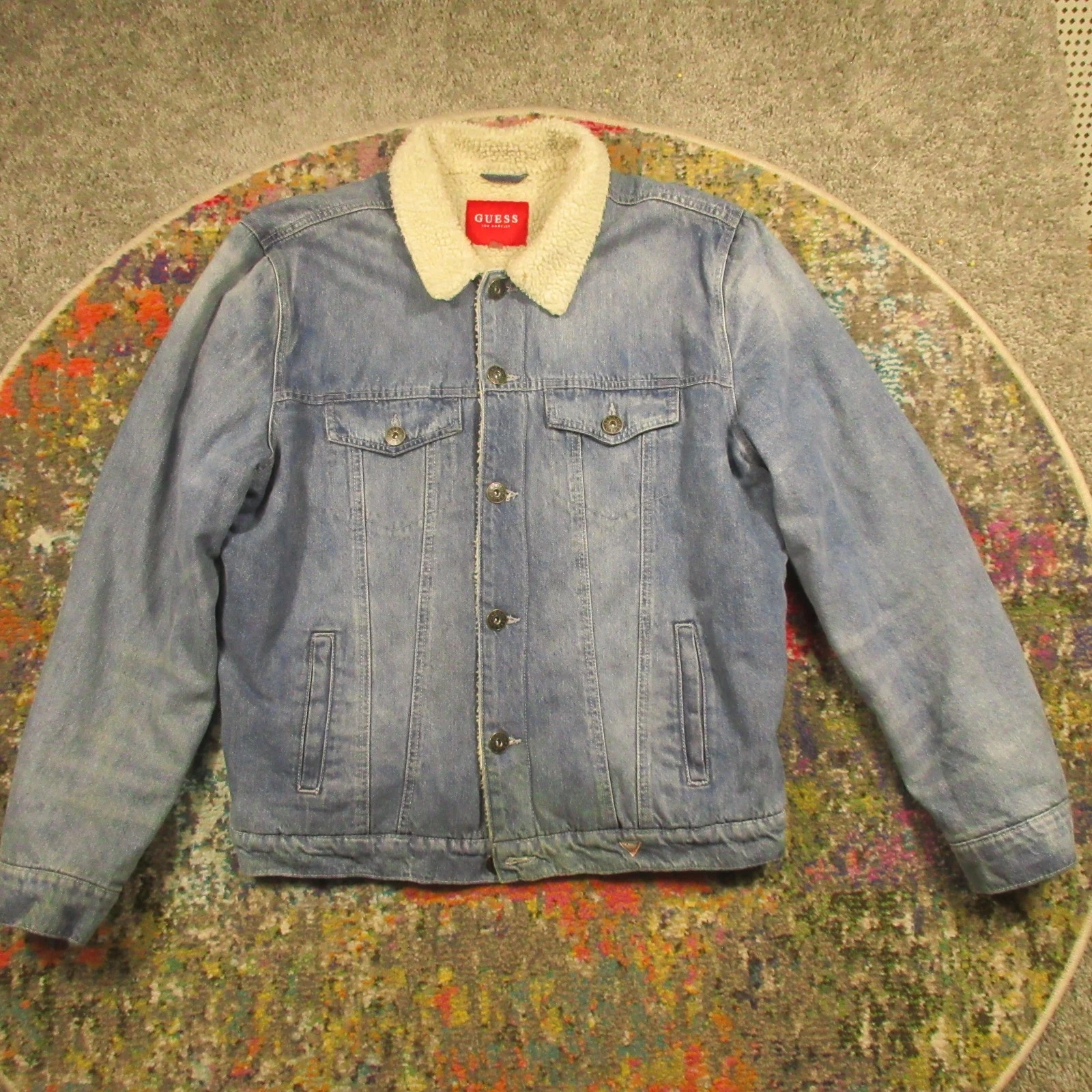 Vtg Guess Sherpa Lined Denim Jean Jacket Mens XL Blue Trucker Style Light Wash