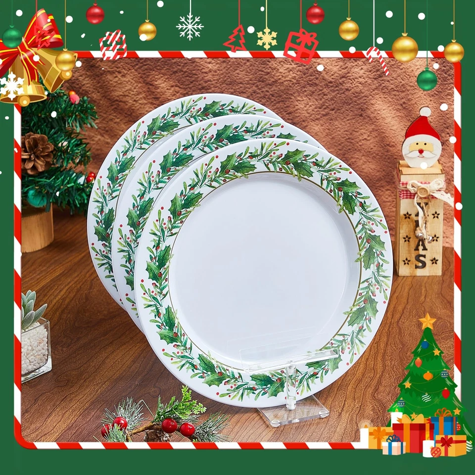 10 Pcs Christmas Holly Melamine Dinner Plates - Holly Plates Holiday Dinnerwa... - Image 4 of 4