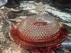 Vtg. Indiana Glass co. Diamond Point pattern Ruby Red Crystal Oval Butter Dish 