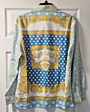 Camicia VERSACE 'All Over Logo Pois Barocco Lino' 48 IT US M Blu Avorio Nuova con etichette!