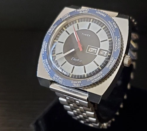 Nice Vintage 1970s Timex Electric World Time Watch, Runs, Needs Service