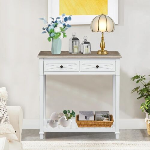 White Console Table Entryway Table with 2 Drawers for Hallway Living Room Wooden