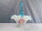 Fenton Painted Opal Iridescent Glass Basket Landmark Collection Pink Floral