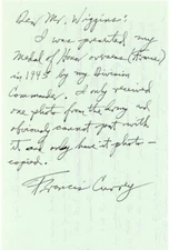 Francis S. Currey- Signed Handwritten Letter (WWII MOH Recipient)