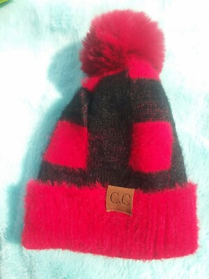 CC Kids Beanie Pom Pom Stretch Knit Warm Thick Girls Hat red plaid