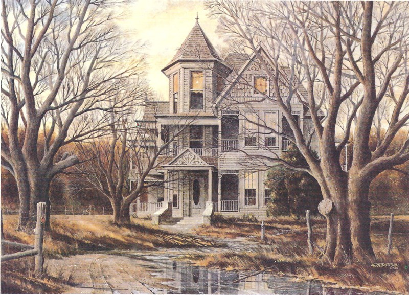 Victorian Haunted Halloween Abandoned House Matted Print Signed by Souders MINT