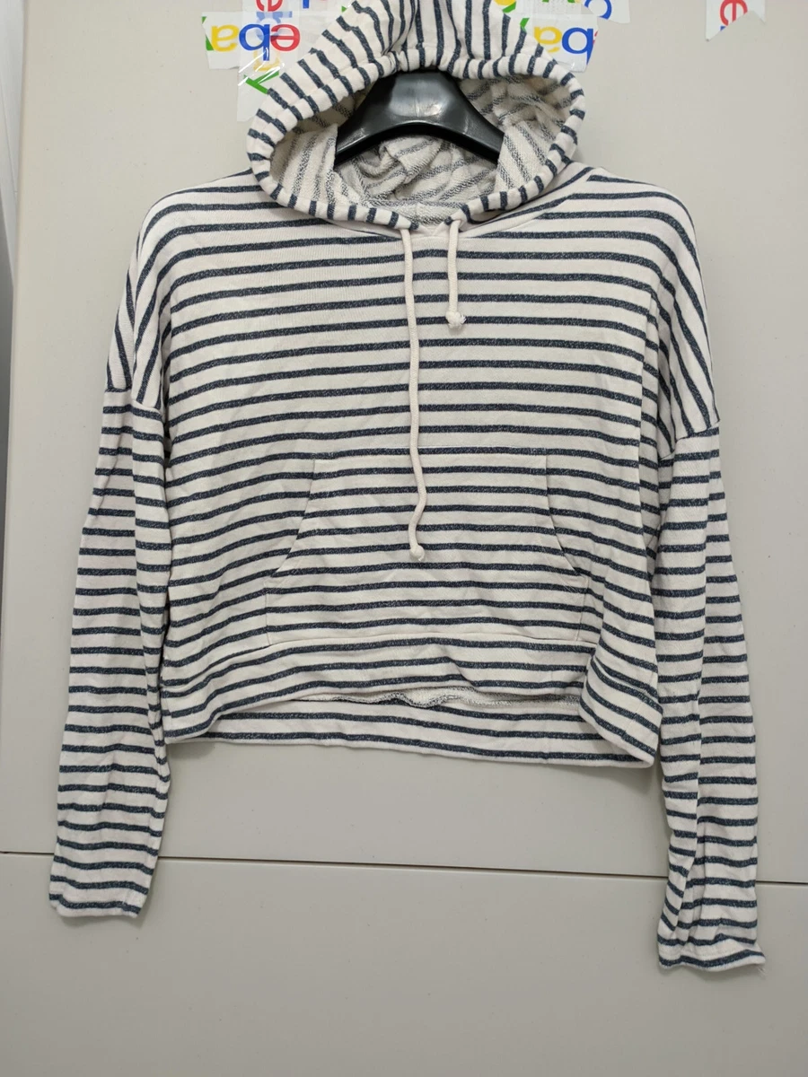 Forever 21 Hoodie Womens L Off White Crop Wide Body Pullover Striped Terry Cloth