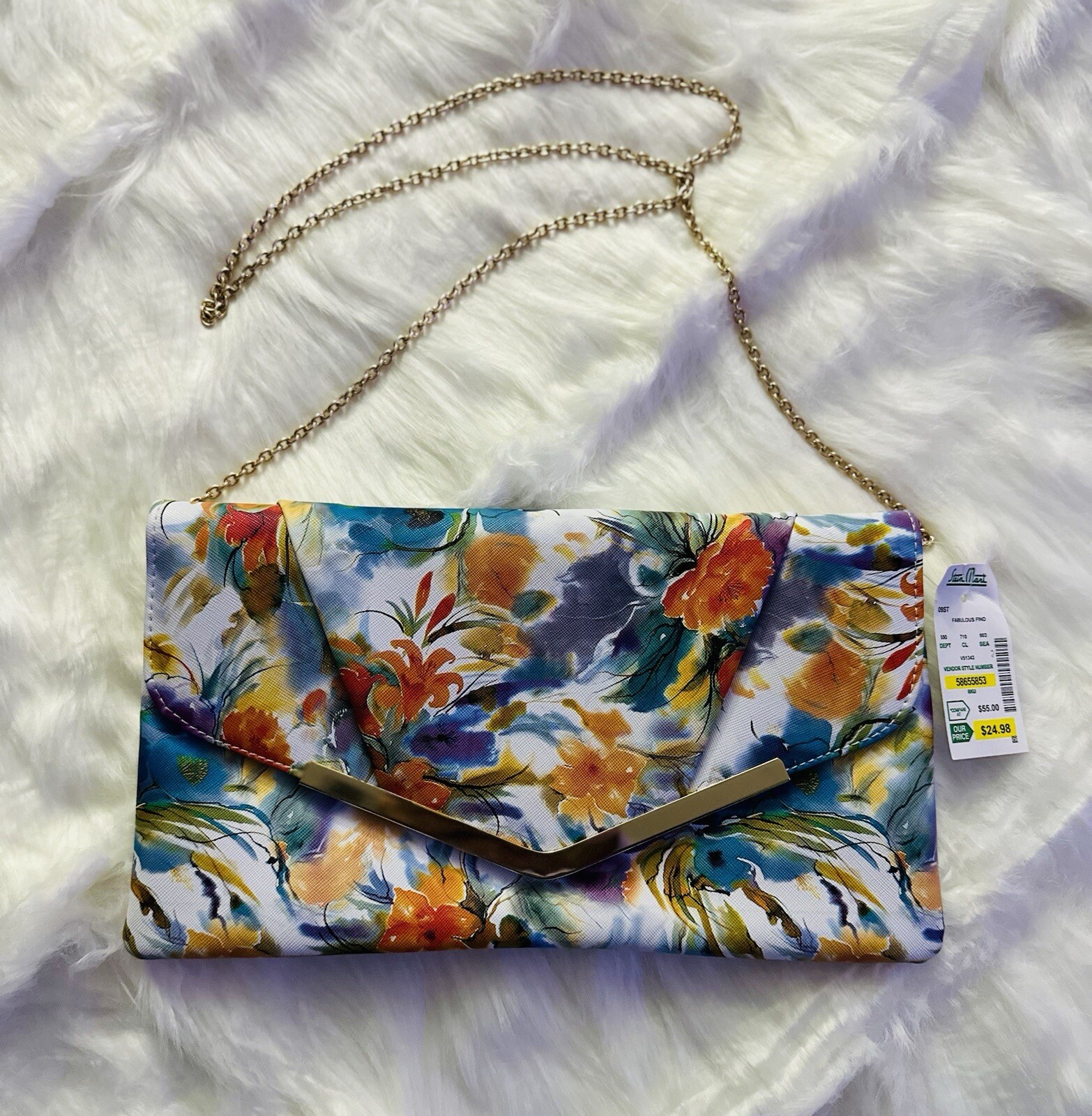 Designer Handbag Multi Color Floral Pattern Gold Chain Cross Body Clutch Purse