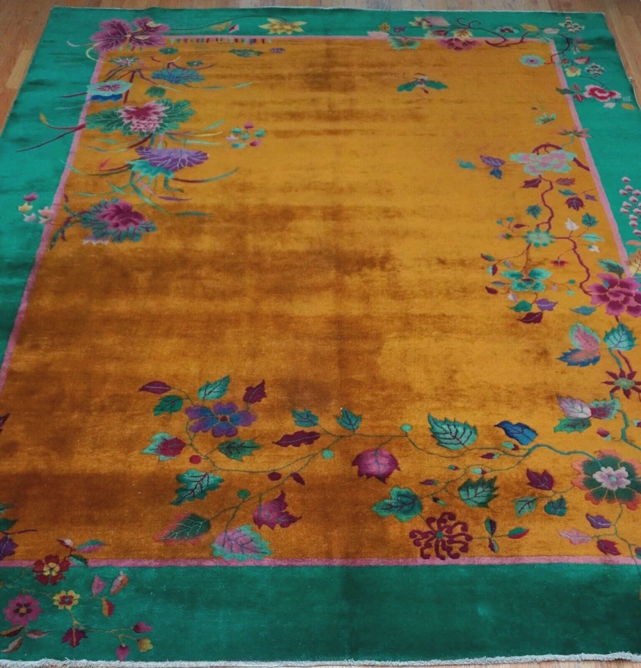 Antigua alfombra oriental dorada floral de lana anudada a mano china Art Deco 9' x 12' Foto 2 de 4