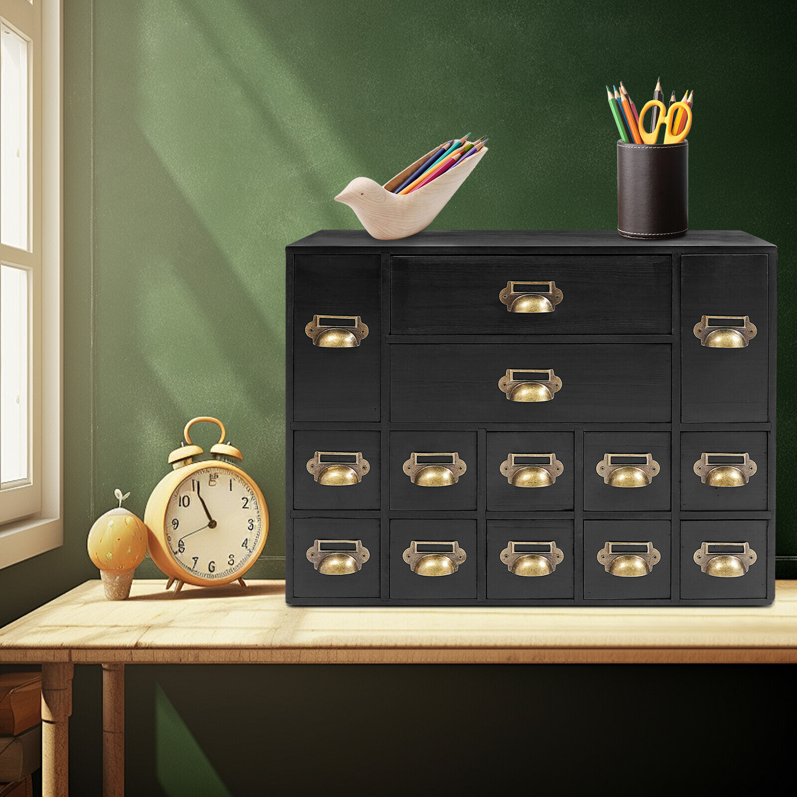 Vintage Black 14-Drawer Storage Cabinet Iron & Wood Organizer