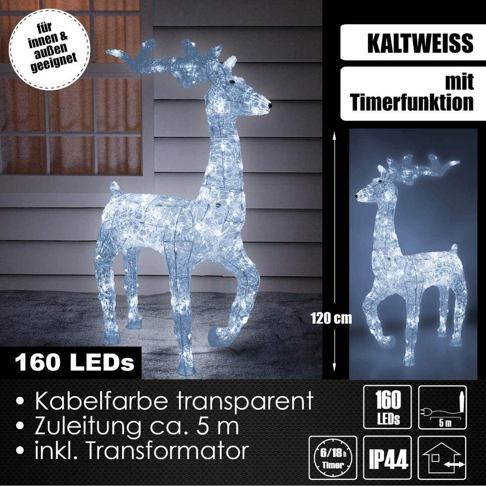 XXL LED Acryl Hirsch Weihnachtsfigur 120cm beleuchtet Weihnachtsdeko Außen/Innen - Bild 3 von 4