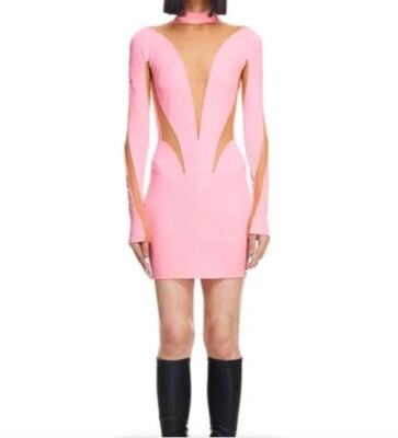 black midi dress mesh Black High Neck Long Sleeve Ruched Bodycon Mesh Midi Dress
