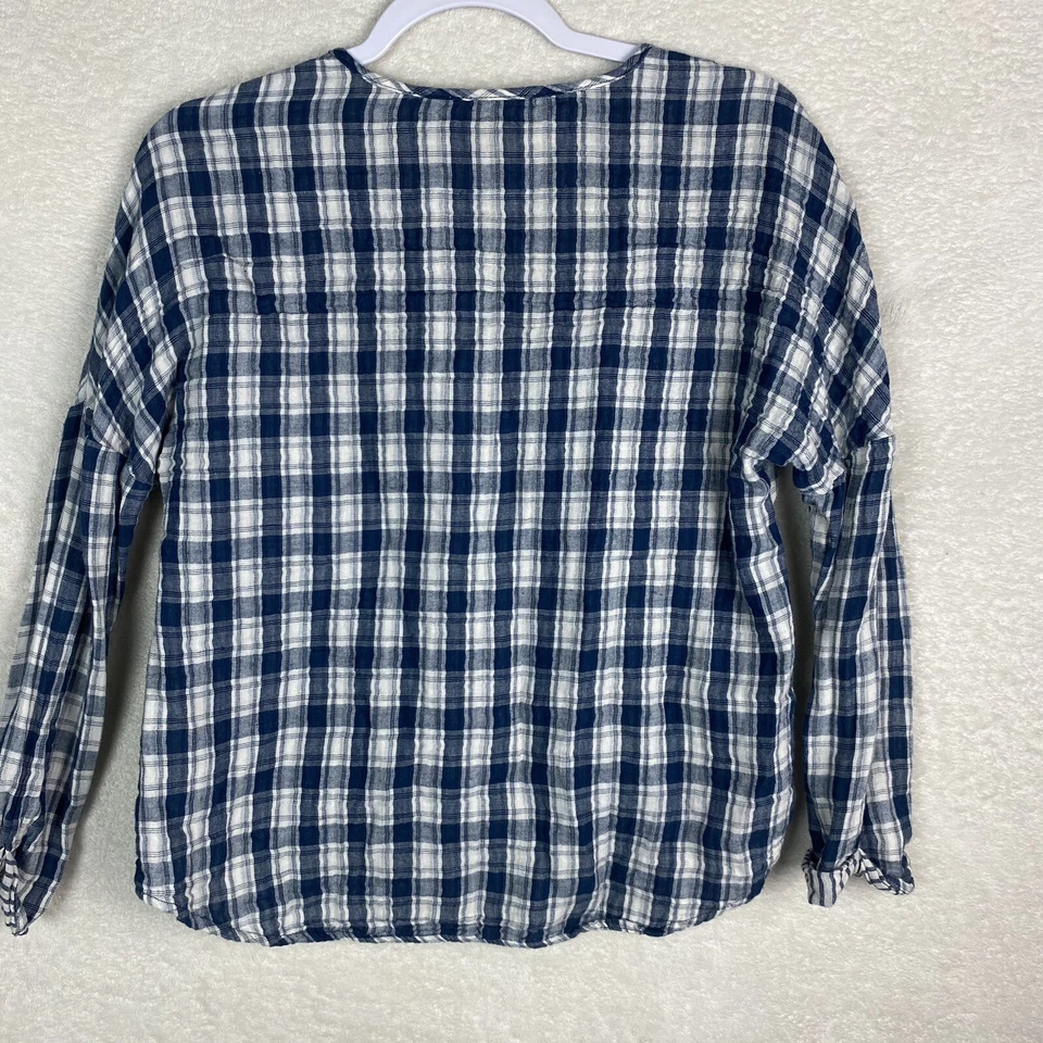 Camisa Everyly para mujer pequeña azul crema a cuadros pulóver envolvente blusa algodón Foto 3 de 4