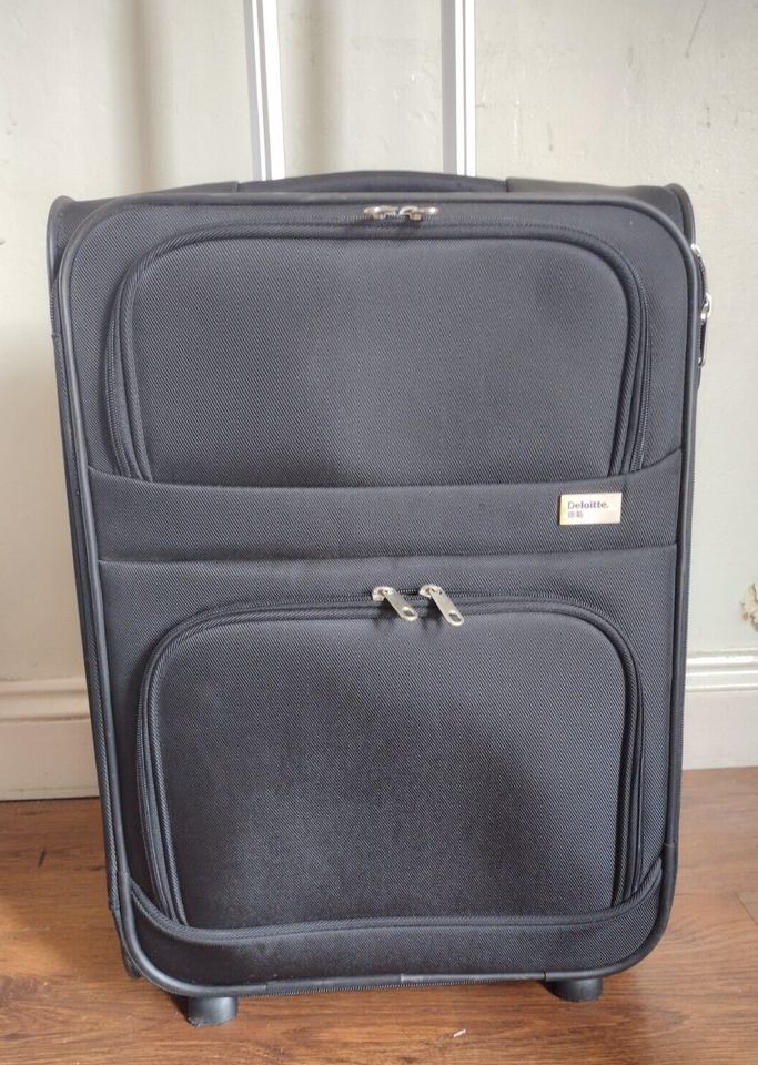 DELOITTE LUGGAGE Black 2 Wheel Upright SOFTShell SUITCASE Cabin Bag