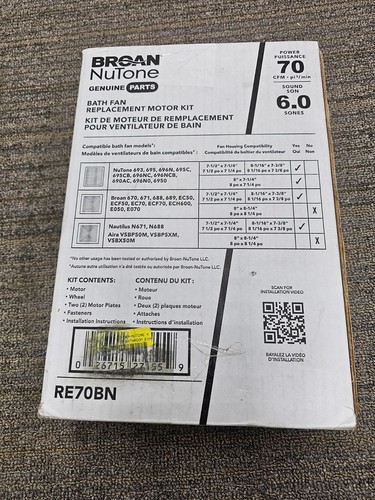 Broan Nutone Nautilus 70 CFM Bathroom Bath Fan Motor RE70BN 6.0 Sones - Afbeelding 8 van 15