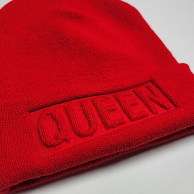 QUEEN Winter Knit Hat Cap Cuffed Beanie RED Embossed Raised  display picture 1