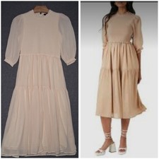Forever 21 Smocked Bodice Midi Dress Womens Medium Cream Tiered Peasant Sleeves