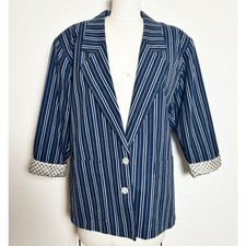 Liz Claiborne Blue White Cotton Striped Vintage Blazer Jacket Women Size 6P