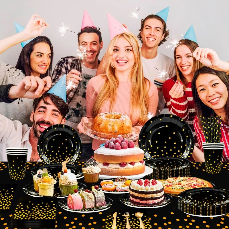 Vajilla de fiesta de cumpleaños negra y dorada decoraciones platos tazas servilletas mantel Foto 4 de 4