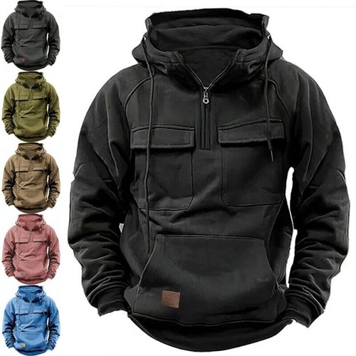 Mens Cargo Combat Hoodie Long Sleeve Half Zip Sport Army Tactical Sweatshirt Top - Picture 4 of 24