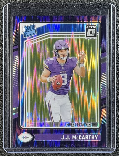 J.J. MCCARTHY 2024 PANINI DONRUSS OPTIC #235 PURPLE SHOCK RATED ROOKIE VIKINGS