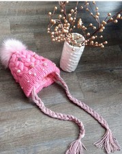 Hand made Pink Knit Acrylic Trapper Hat for Girls with PomPom, Beads size 6Y-12Y
