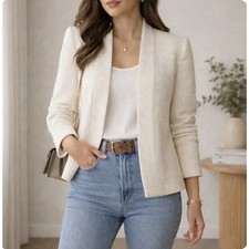 NWT Mina Self Sz L Blk Boucle Textrd Tweed Open Front Shldr Pads Seaming Blazer